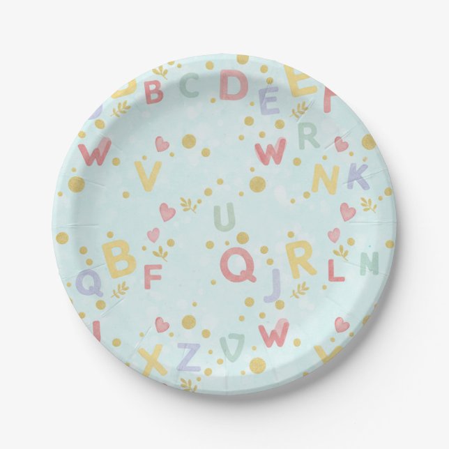 Pastel Sky ABCs & Hearts Paper Plate (Front)
