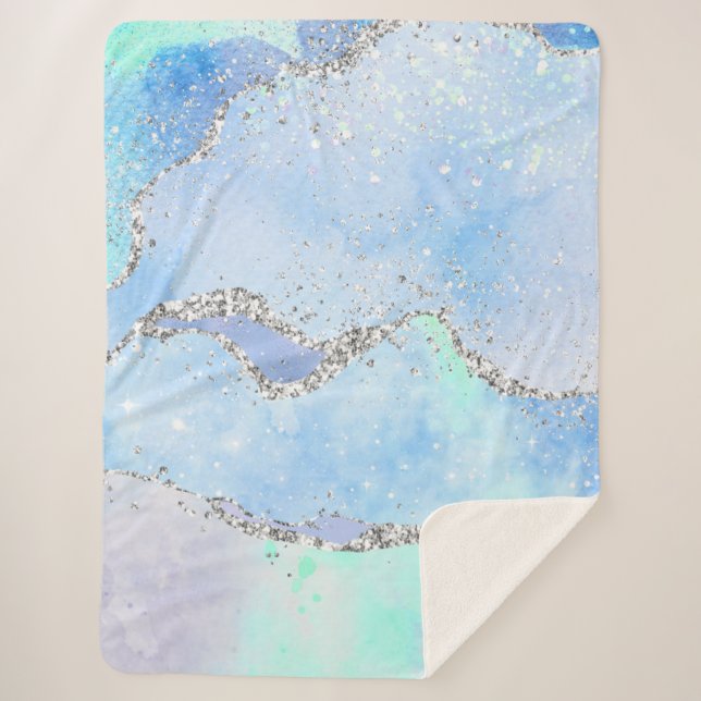 *~* Pastel Sky Blue Agate Silver GLITTER Ocean AP8 Sherpa Blanket (Front)