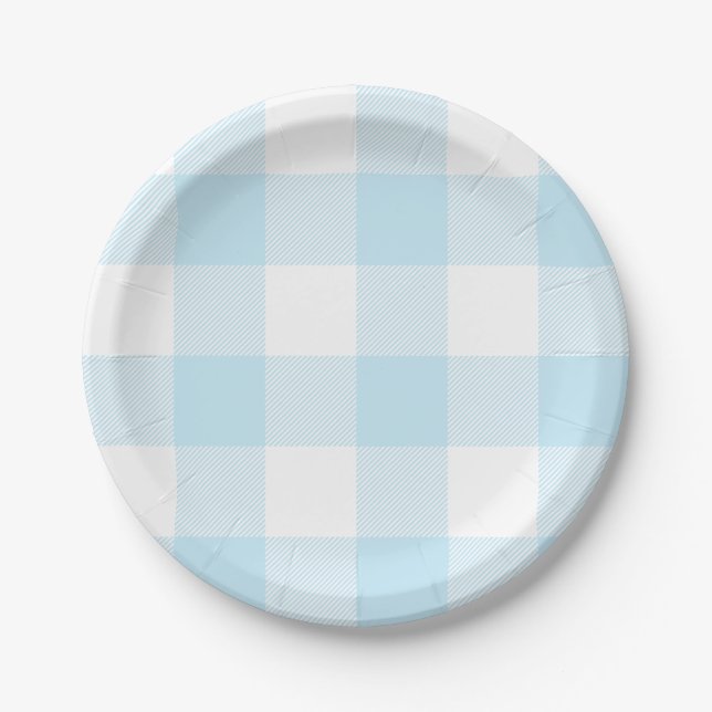 Pastel Sky Blue Gingham Plaid Pattern Paper Plate (Front)