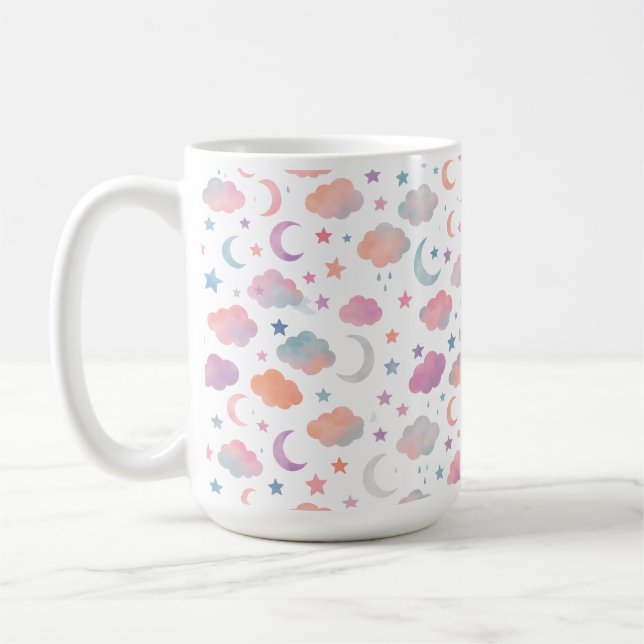 Pastel Sky Dreams – Moon, Stars & Clouds Pattern Coffee Mug (Left)