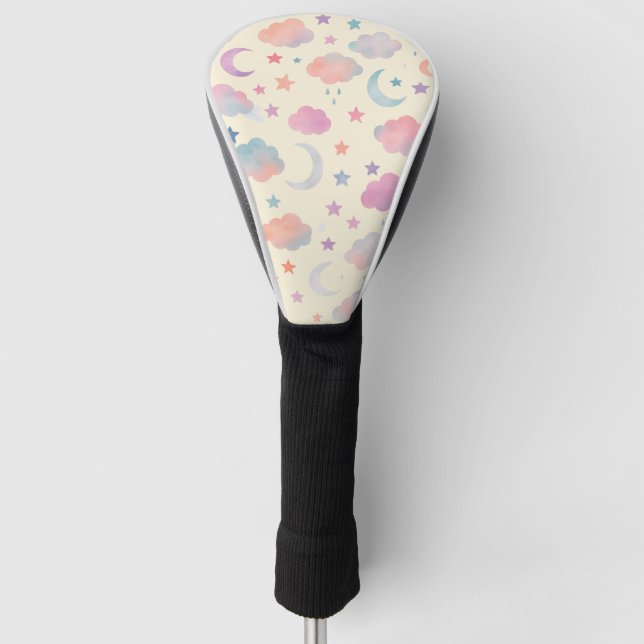 Pastel Sky Dreams – Moon, Stars & Clouds Pattern Golf Head Cover (Front)