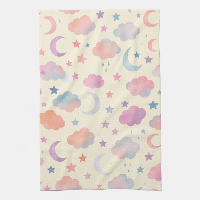 Pastel Sky Dreams – Moon, Stars & Clouds Pattern Kitchen Towel (Vertical)