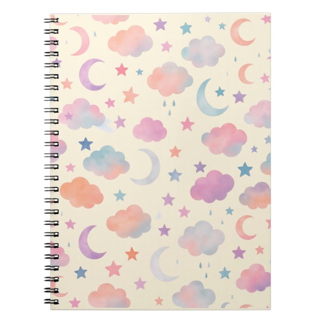Pastel Sky Dreams – Moon, Stars & Clouds Pattern Notebook (Front)