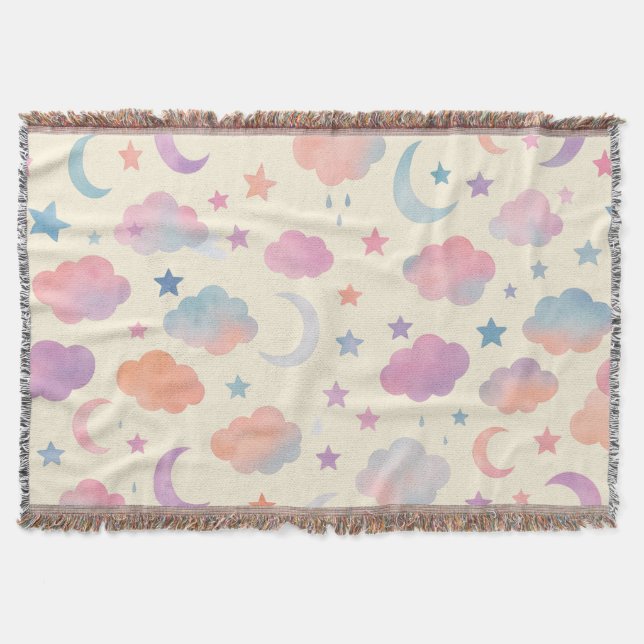 Pastel Sky Dreams – Moon, Stars & Clouds Pattern Throw Blanket (Front)