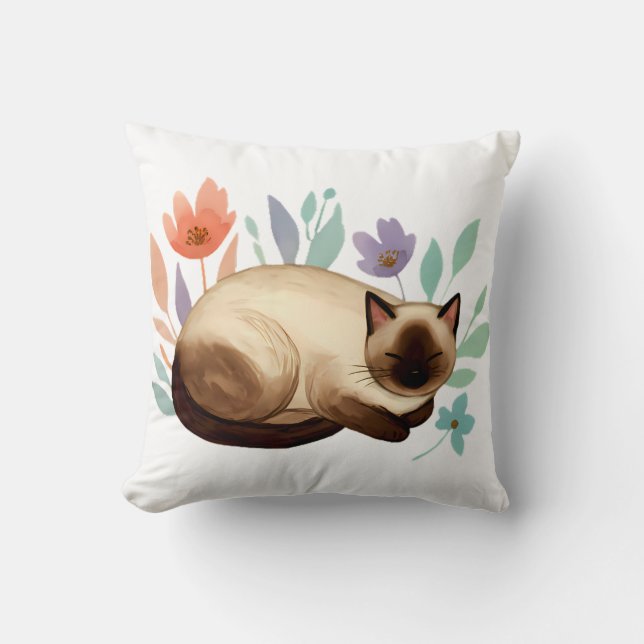 Pastel Slumber: Siamese Cat in Bloom Throw Pillow (Front)