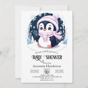 Pastel Snow Penguin Baby Shower Invitation