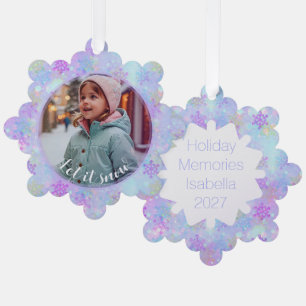 Pastel Snowflake Let It Snow Custom Photo Ornament Card