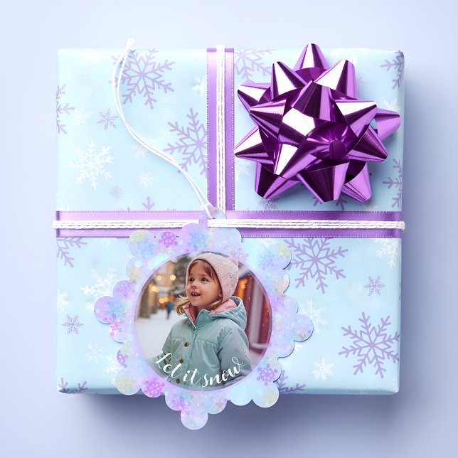 Pastel Snowflake Let It Snow Custom Photo Ornament Card (Creator Uploaded)