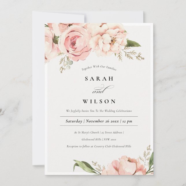 Pastel Soft Blush Peach Peony Flora Wedding Invite (Front)