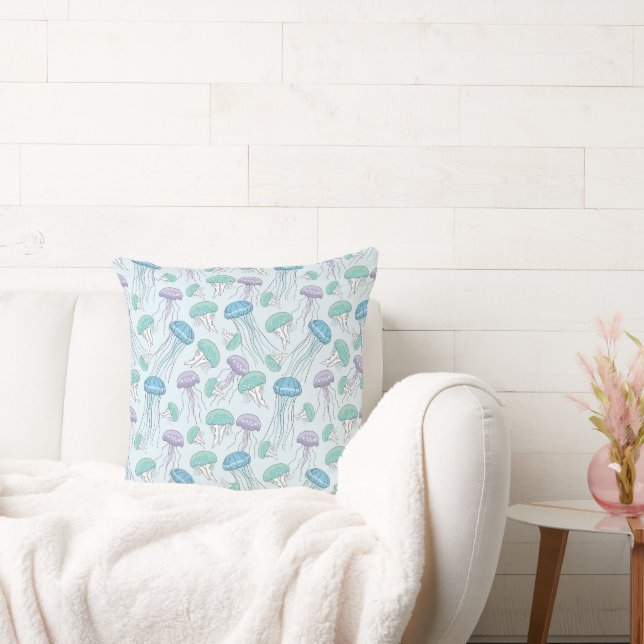 Pastel soft multicolor glowing jelly fish pattern throw pillow (Couch)