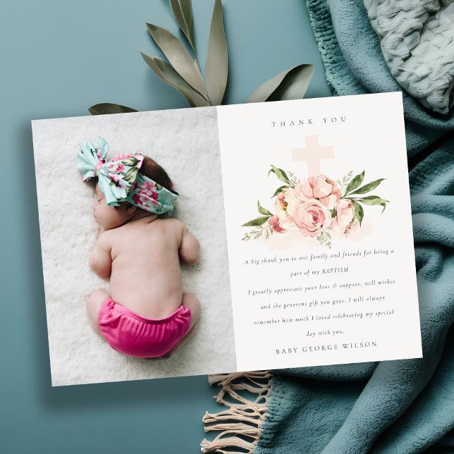 Pastel Soft Peach Rose Floral Cross Photo Baptism Thank You Card (Creator Uploaded)