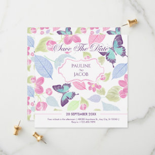 Pastel soft pink green leaves butterflies wedding  save the date