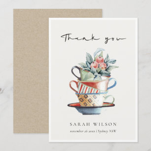 Pastel Soft Red Blue Stacked Cups Floral Tea Party Thank You Card