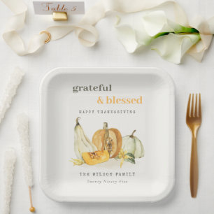 Pastel Soft Watercolor Floral Pumpkin Thanksgiving Paper Plate