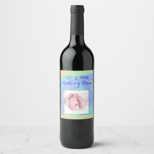 Pastel Spiral Welcome New Baby "Sip & See" Party Wine Label (Front)