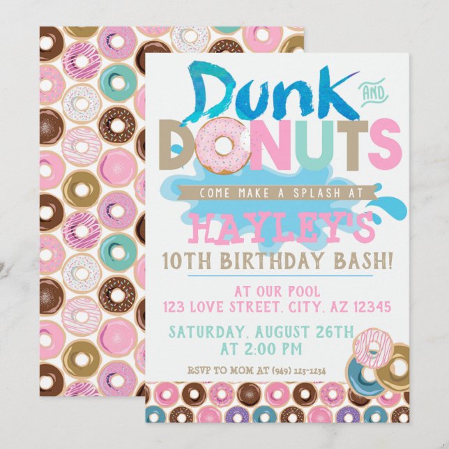 Pastel Splash Pool Dunk n Doughnut Party Birthday Invitation (Front/Back)