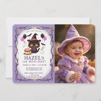 Pastel Spooky Cute Witch Cat Wizard 1st Birthday Invitation