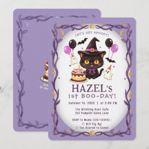 Pastel Spooky Cute Witch Cat Wizard 1st Birthday Invitation