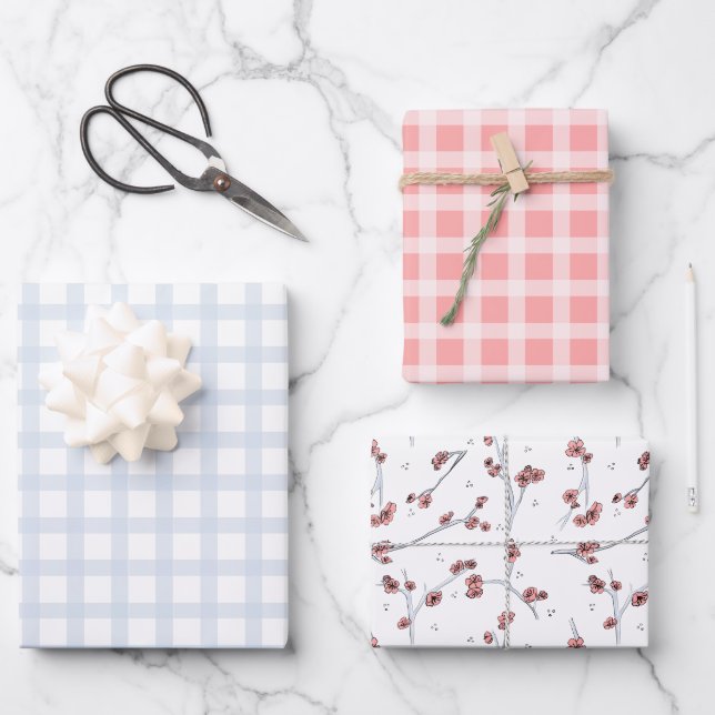 Pastel spring blue and pink tartan and Sakura Wrapping Paper Sheet (Front)