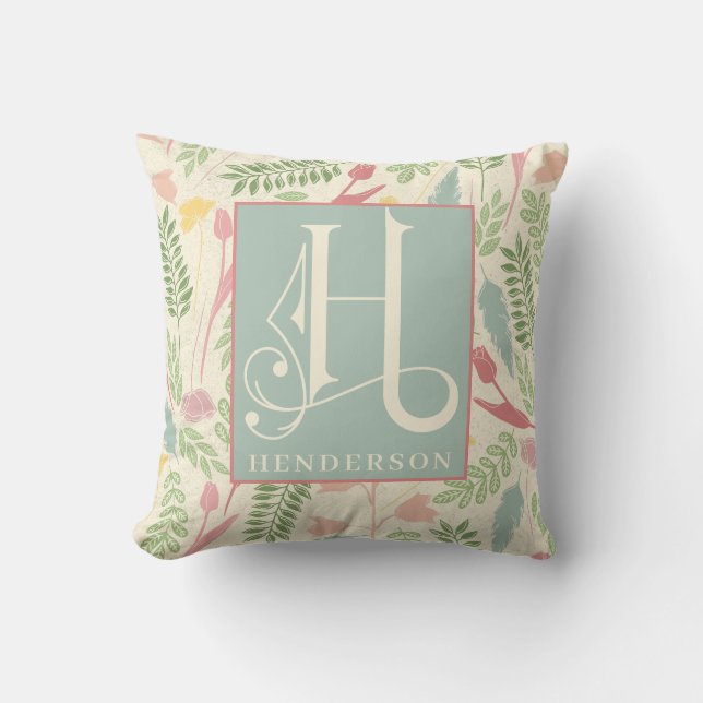 Pastel Spring Colours Scroll Typorgraphy Monogram Throw Pillow (Front)