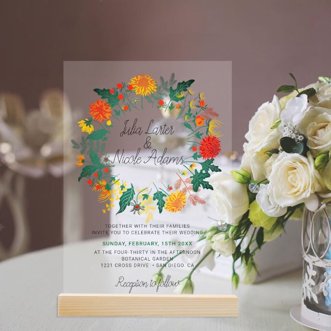 Pastel Spring Dahlia Wildflowers Wreath Wedding Acrylic Invitations (Creator Uploaded)