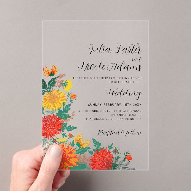 Pastel Spring Dahlia Wildflowers Wreath Wedding Acrylic Invitations (Insitu (Handheld))