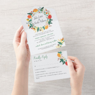 Pastel Spring Dahlia Wildflowers Wreath Wedding All In One Invitation