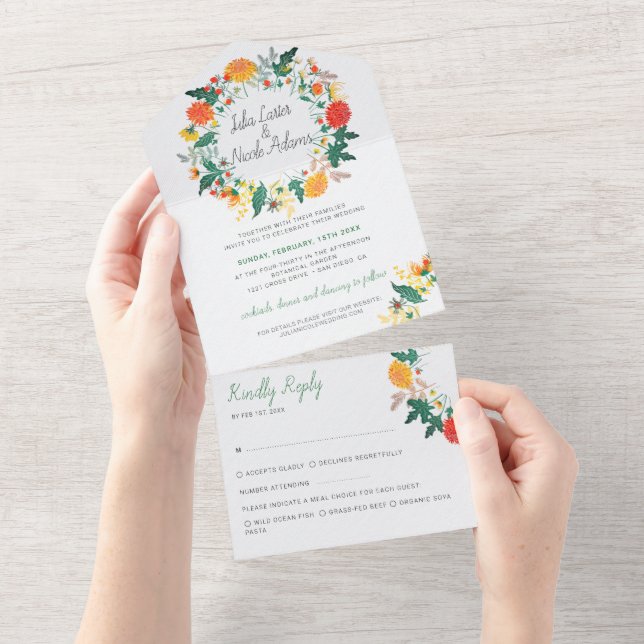 Pastel Spring Dahlia Wildflowers Wreath Wedding All In One Invitation (Tearaway)