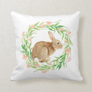 Pastel Spring Easter Bunny Wreath Throw Pillow