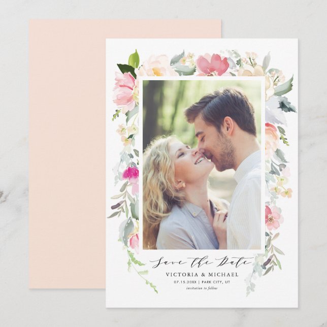 Pastel Spring Floral Blooms Frame Photo Save The Date (Front/Back)