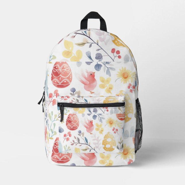 Pastel Spring Floral Decorative Eggs Easter Birdie Printed Backpack (Front)
