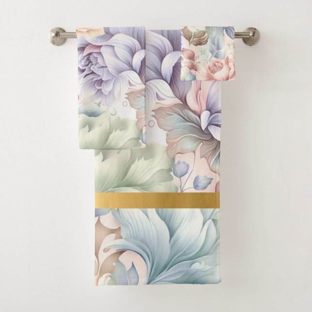 PASTEL SPRING FLORAL GOLD BATHROOM TOWEL SET (Insitu)