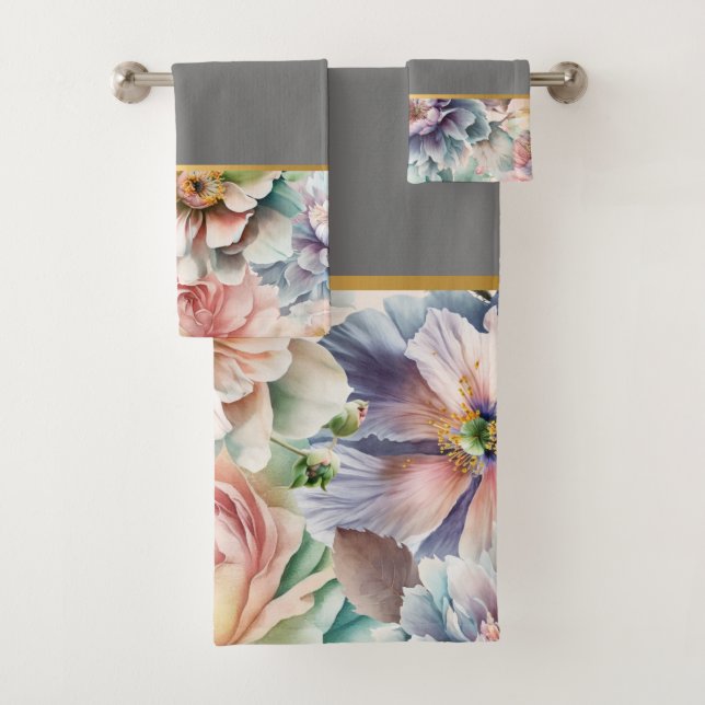 PASTEL SPRING FLORAL GREY BATHROOM TOWEL SET (Insitu)