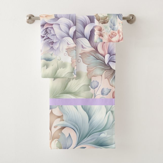 PASTEL SPRING FLORAL LILAC BATHROOM TOWEL SET (Insitu)