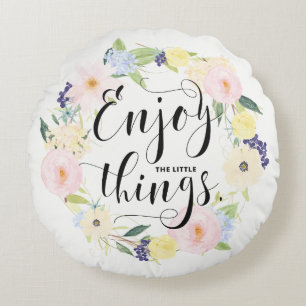 Pastel Spring Floral Wreath Enjoy Whimsical Script Round Pillow