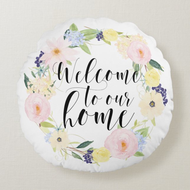 Pastel Spring Floral Wreath Welcome To Our Home Round Pillow (Front)