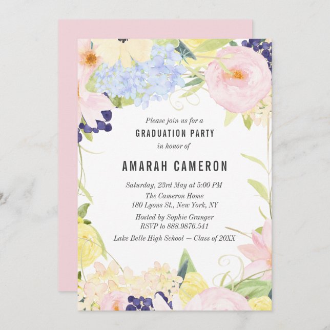 Pastel Spring Watercolor Flowers Graduation Party Invitation (Front/Back)