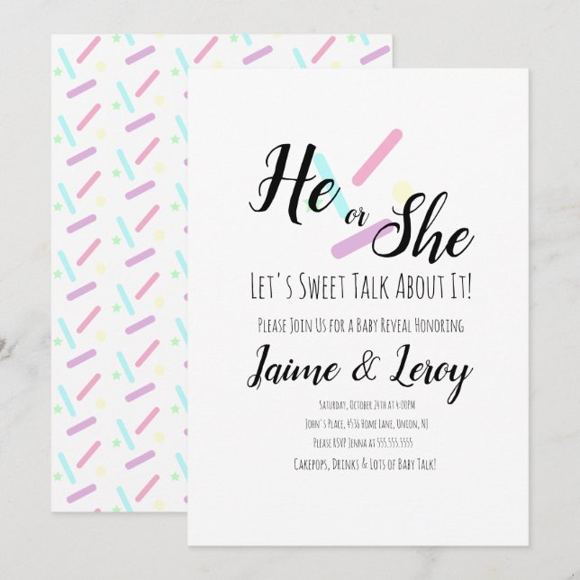 Pastel Sprinkles Gender Reveal He or She  Invitation (Front/Back)