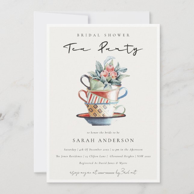Pastel Stacked Cups Bridal Shower Tea Party Invite (Front)