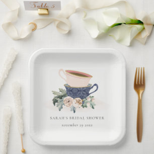 Pastel Stacked Cups Floral Bridal Shower Tea Party Paper Plate