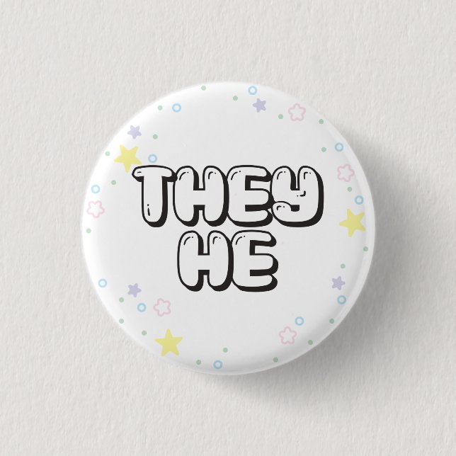 Pastel Star Confetti They/He Pronouns 1 Inch Round Button (Front)