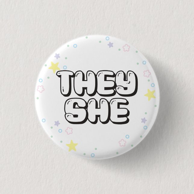 Pastel Star Confetti They/She Pronouns  1 Inch Round Button (Front)