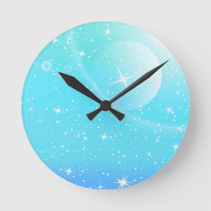 Pastel Starry Sky Blue Gradient Moon Galaxy Design Round Clock