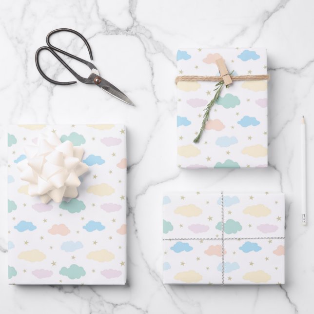 Pastel Stars & Clouds Wrapping Paper Sheet (Front)