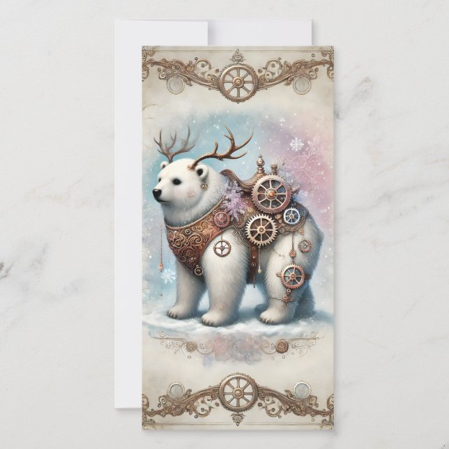 Pastel Steampunk Christmas Card White Bear (Front)
