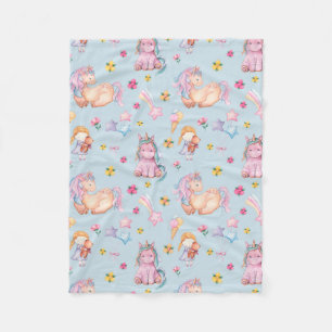 Pastel Storybook Unicorn & Floral Watercolor Fleece Blanket