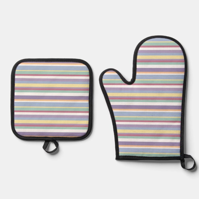 Pastel Stripe Pattern Oven Mitt & Pot Holder Set (Front)