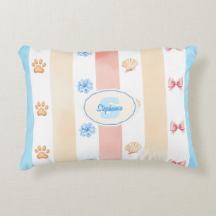 Pastel Stripe - Paw Prints, Blue Flower, Pink Bows Accent Pillow
