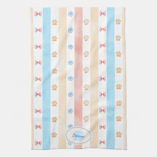 Pastel Stripe - Paw Prints, Blue Flower, Pink Bows Kitchen Towel