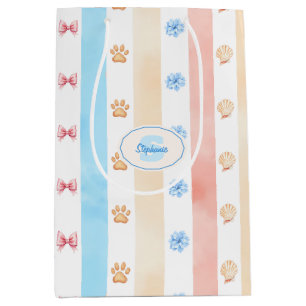 Pastel Stripe - Paw Prints, Blue Flower, Pink Bows Medium Gift Bag